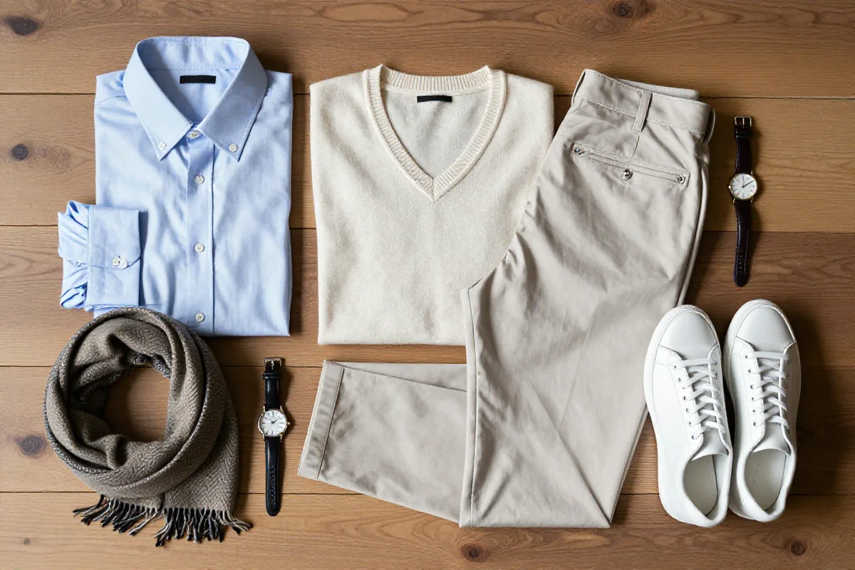 Stylowe elementy garderoby w stylu Modern Preppy na drewnianej powierzchni.