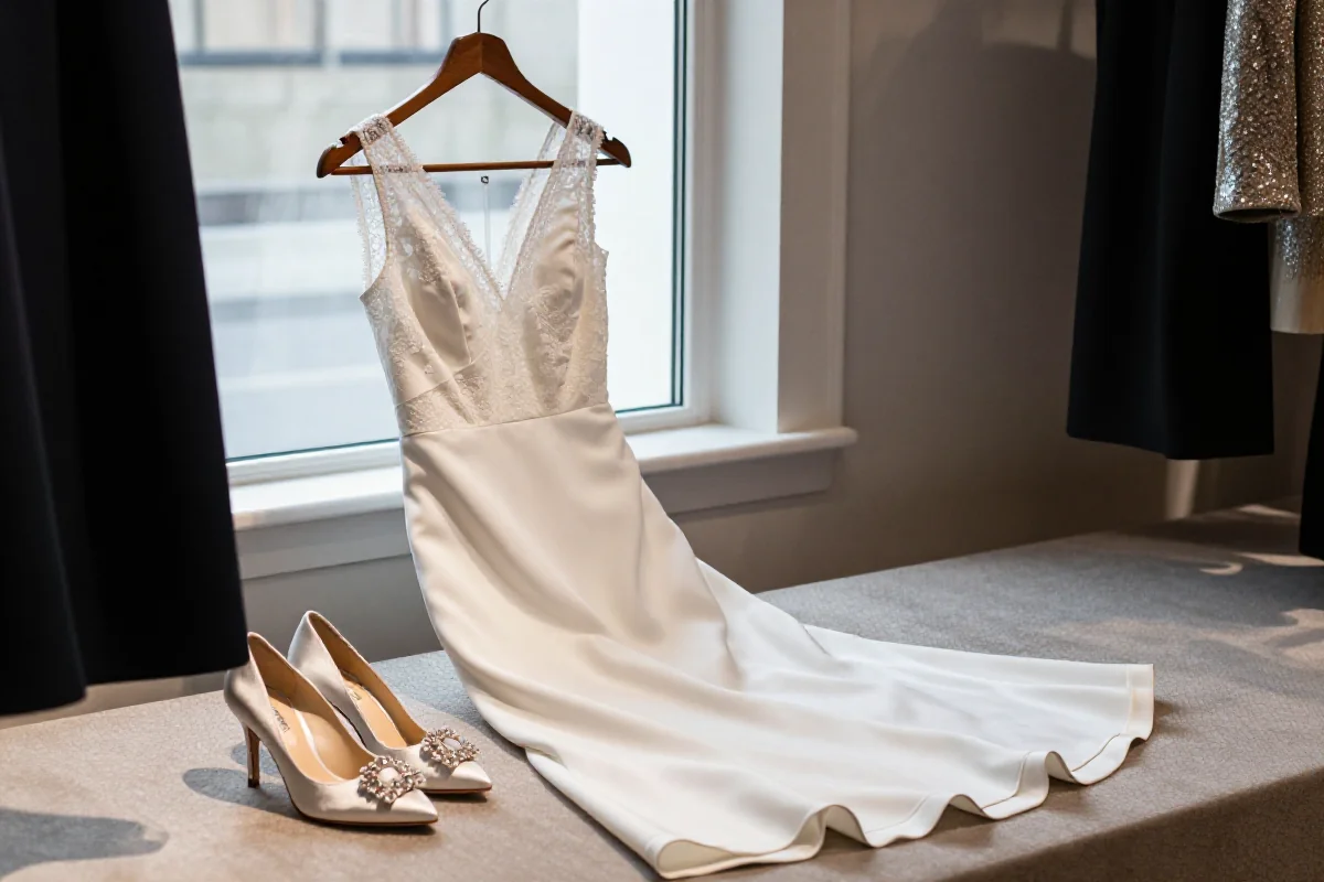 Elegancka biała sukienka i wysmakowane dodatki na formalne okazje.