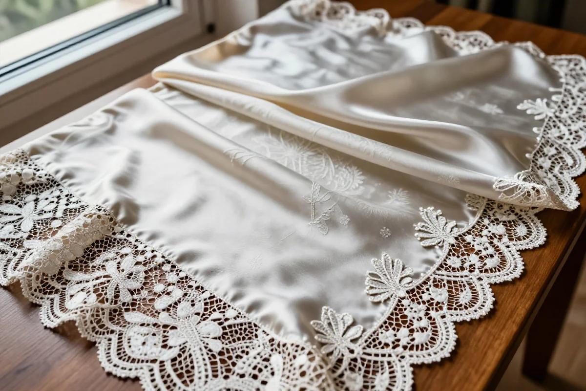 Delikatne tkaniny, takie jak jedwab i koronki, na drewnianym stole.