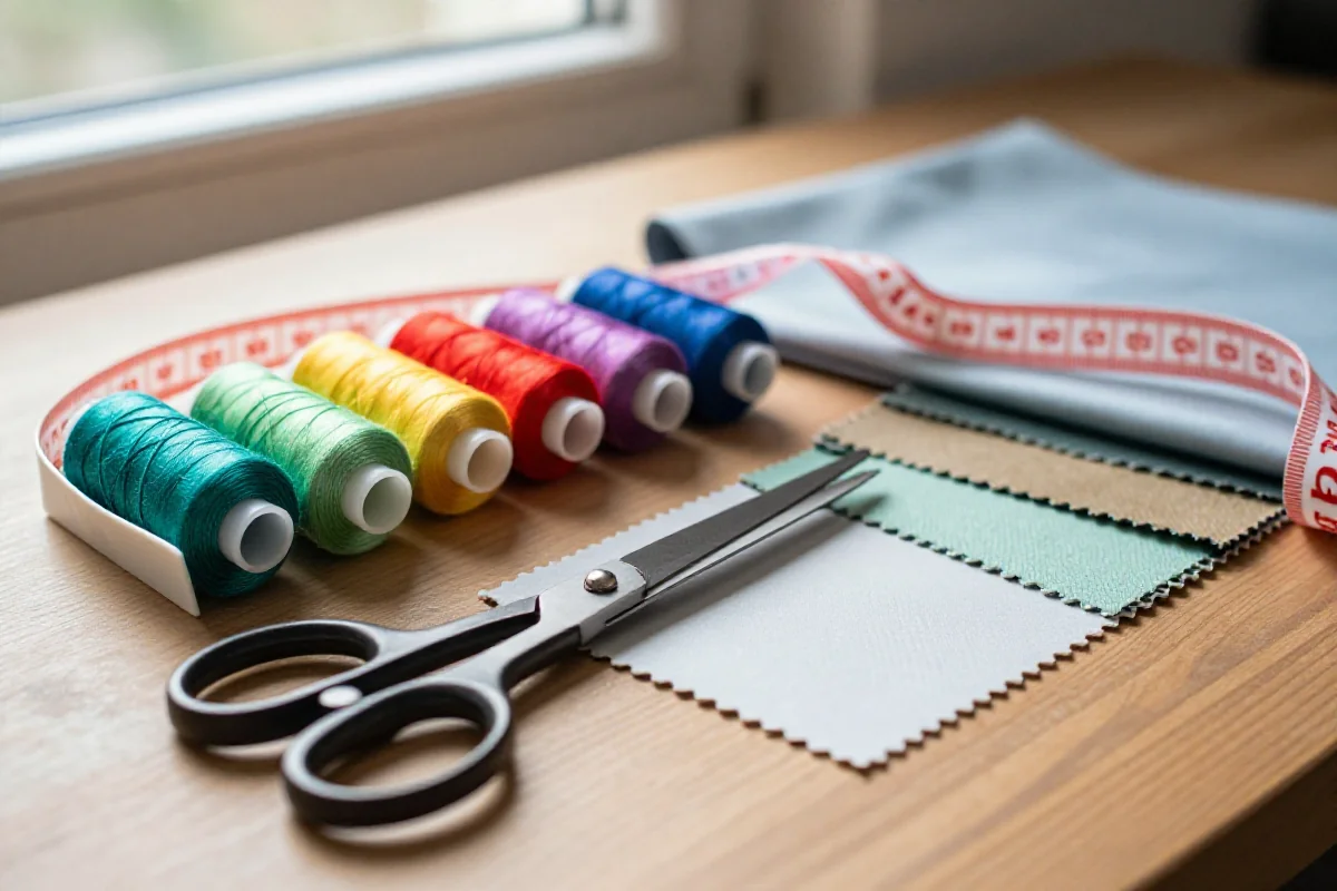 Zestaw do naprawy szwów z kolorowymi nićmi i materiałami na stole.