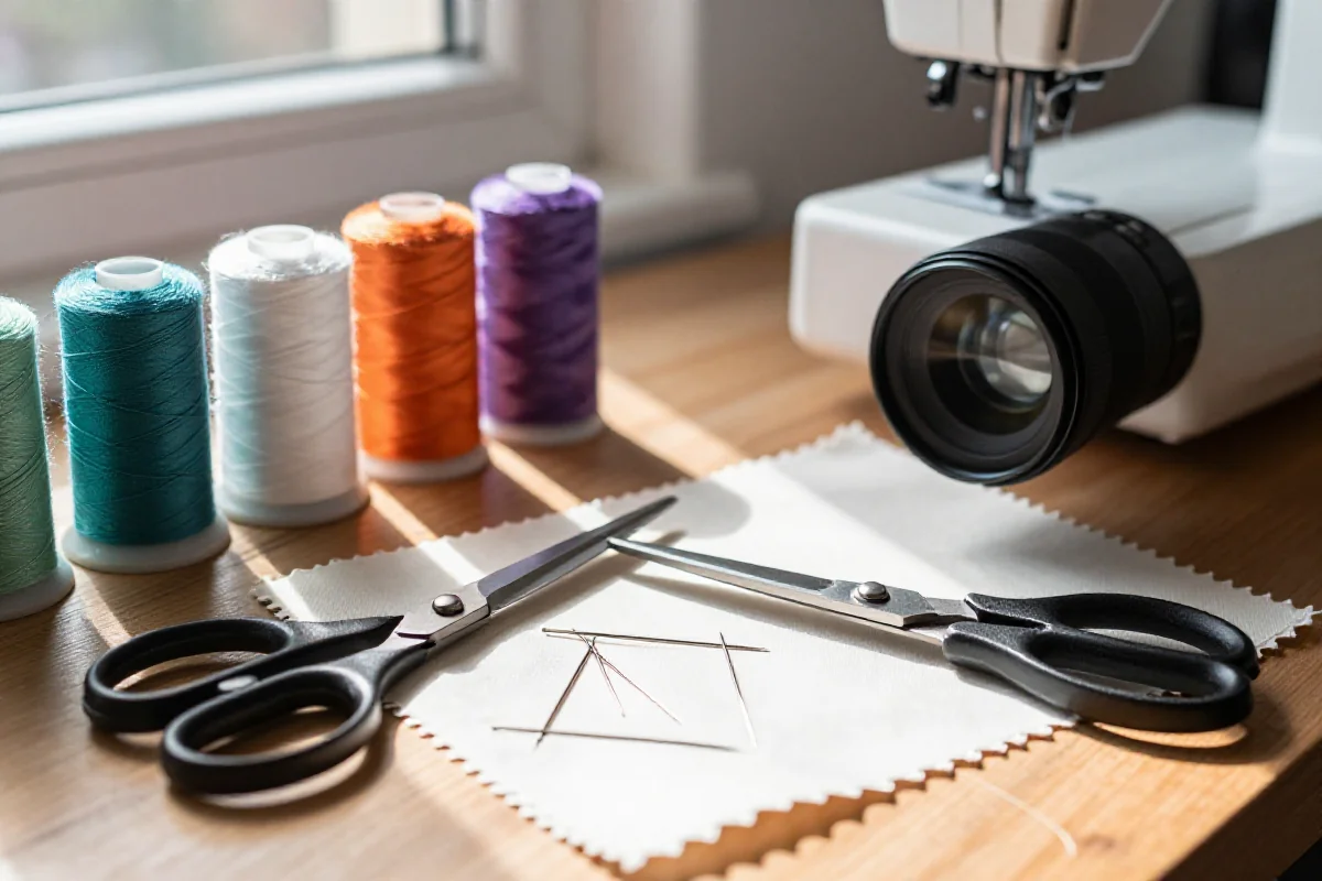 Zestaw do szycia z niciami, nożyczkami i tkaniną w naturalnym świetle.