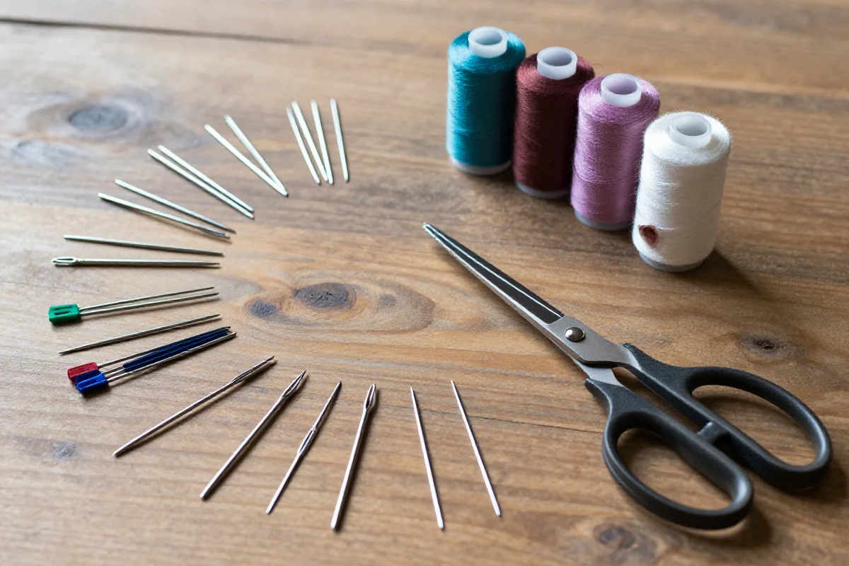 Zestaw narzędzi do szycia ręcznego: igły, nici, nożyczki na drewnianym stole.