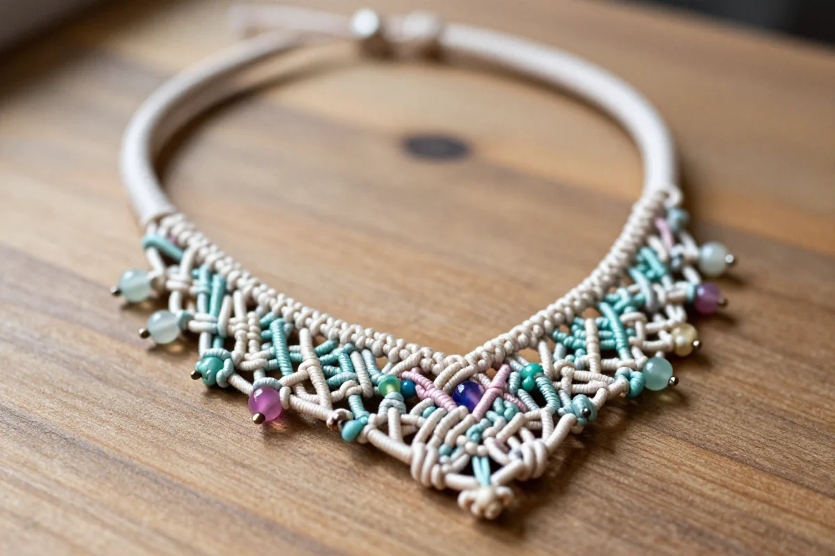 Ręcznie robiony naszyjnik makrama z pastelowymi sznurkami i koralikami.