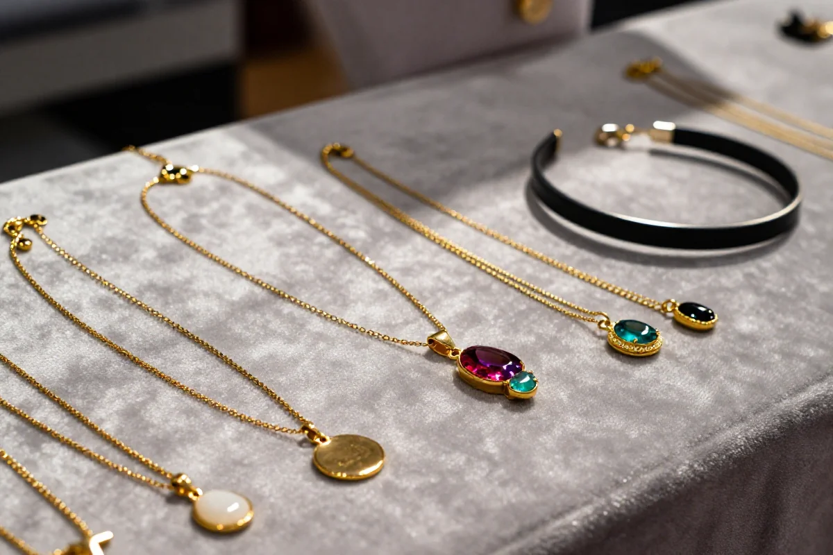 Eleganckie naszyjniki na aksamitnej powierzchni, podkreślające modowe akcesoria.