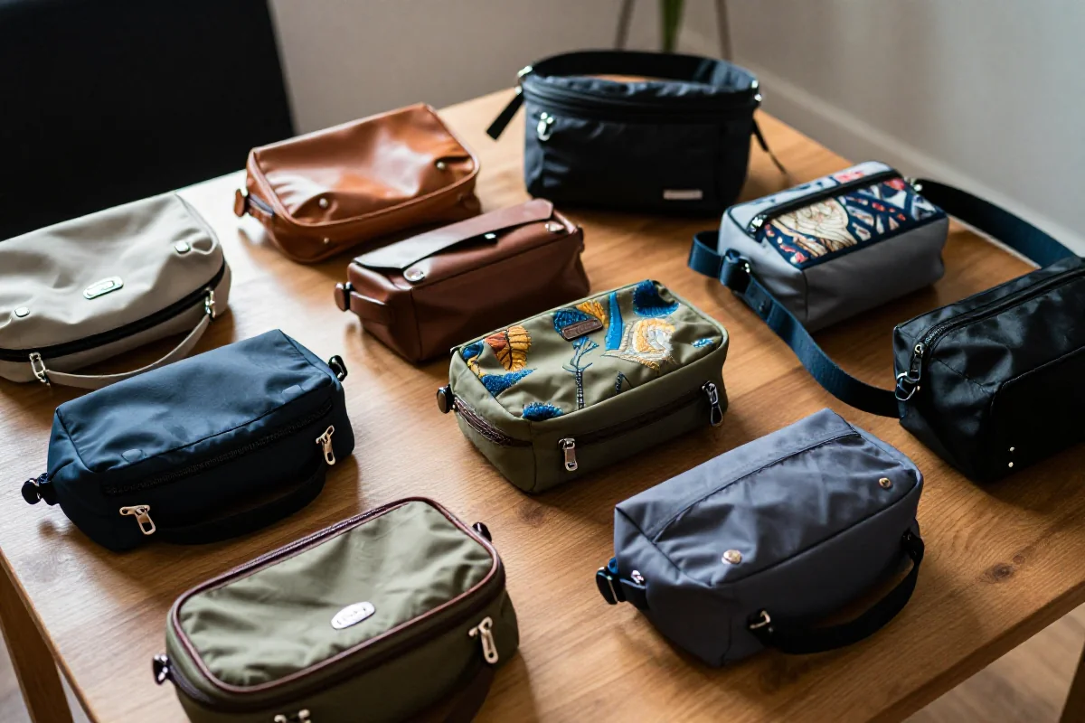 Różnorodne nerki i saszetki na drewnianym stole, prezentujące różne materiały i wzory.