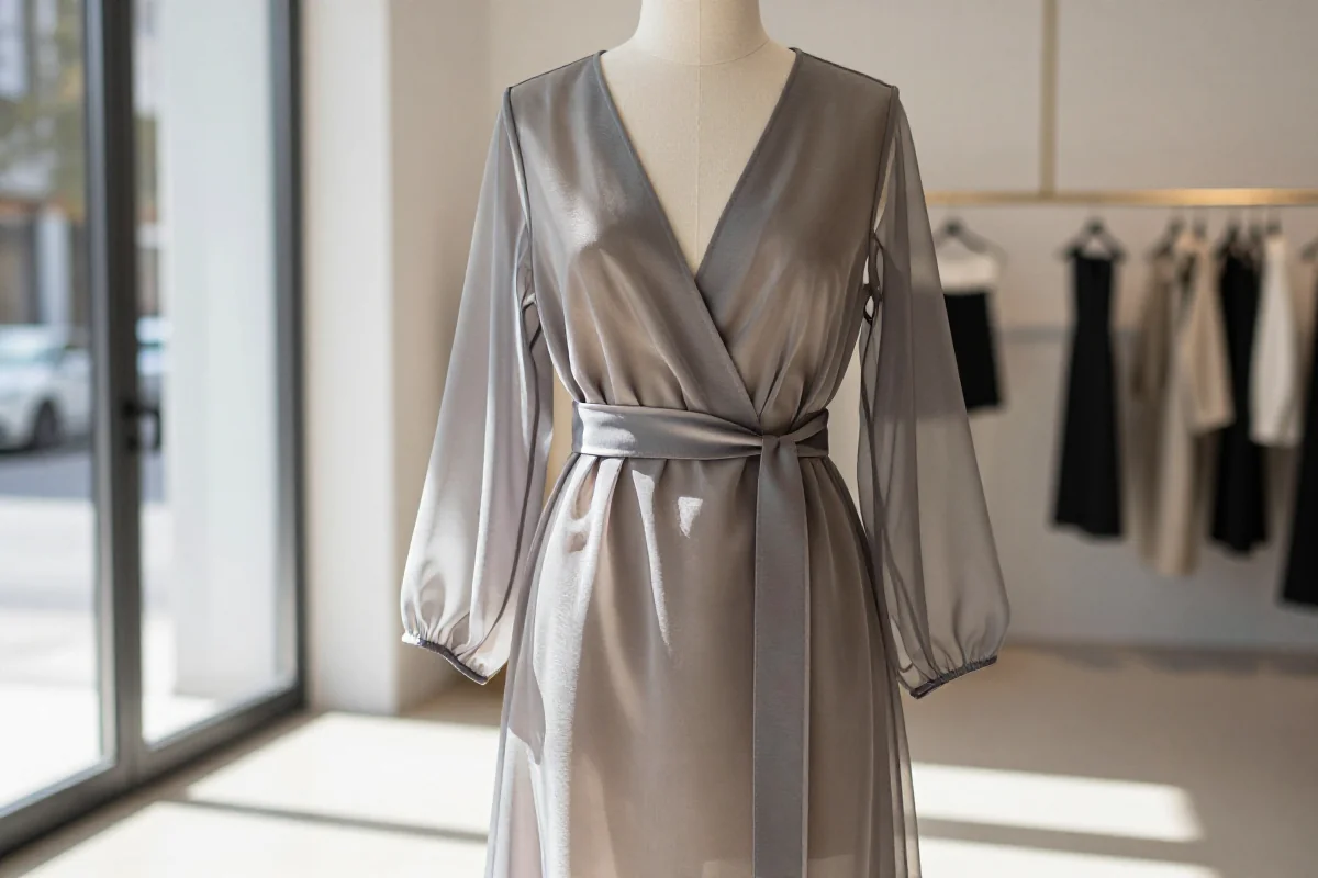 Nowoczesna sukienka kopertowa midi z organzy w minimalistycznym butiku.