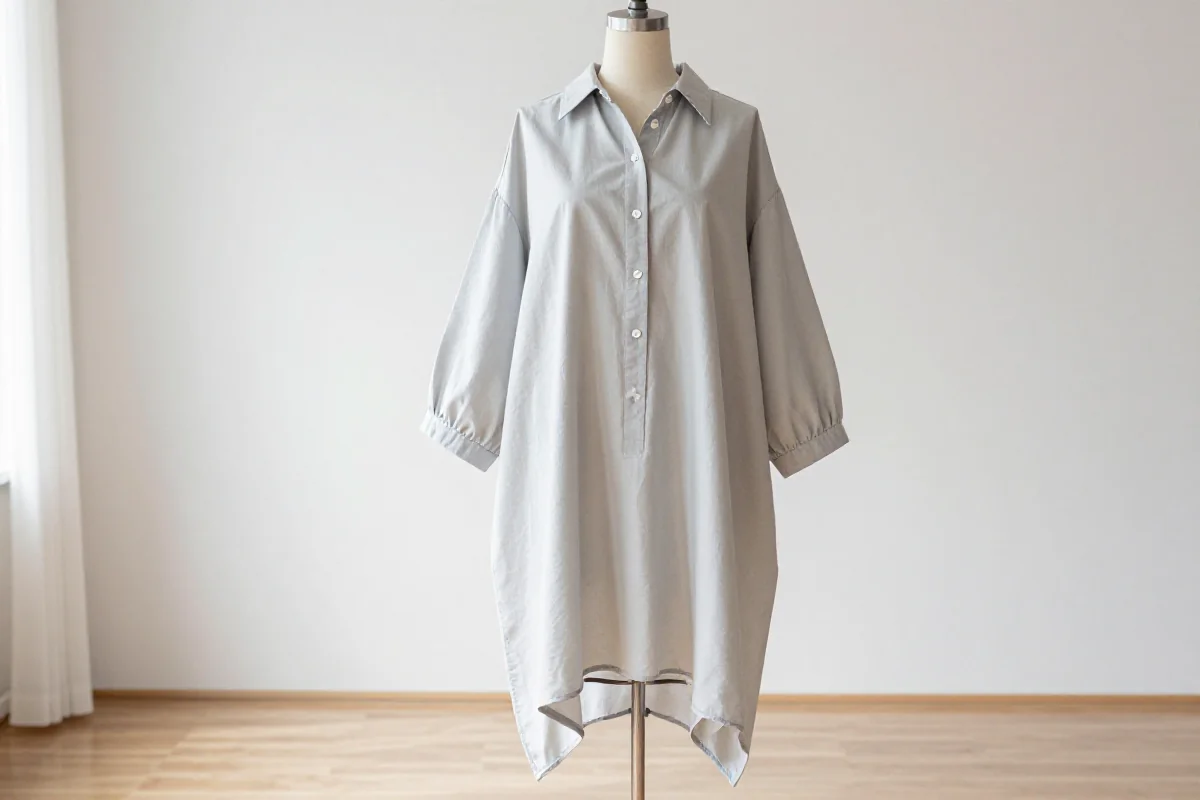 Nowoczesna sukienka koszulowa oversized w jasnym studio.