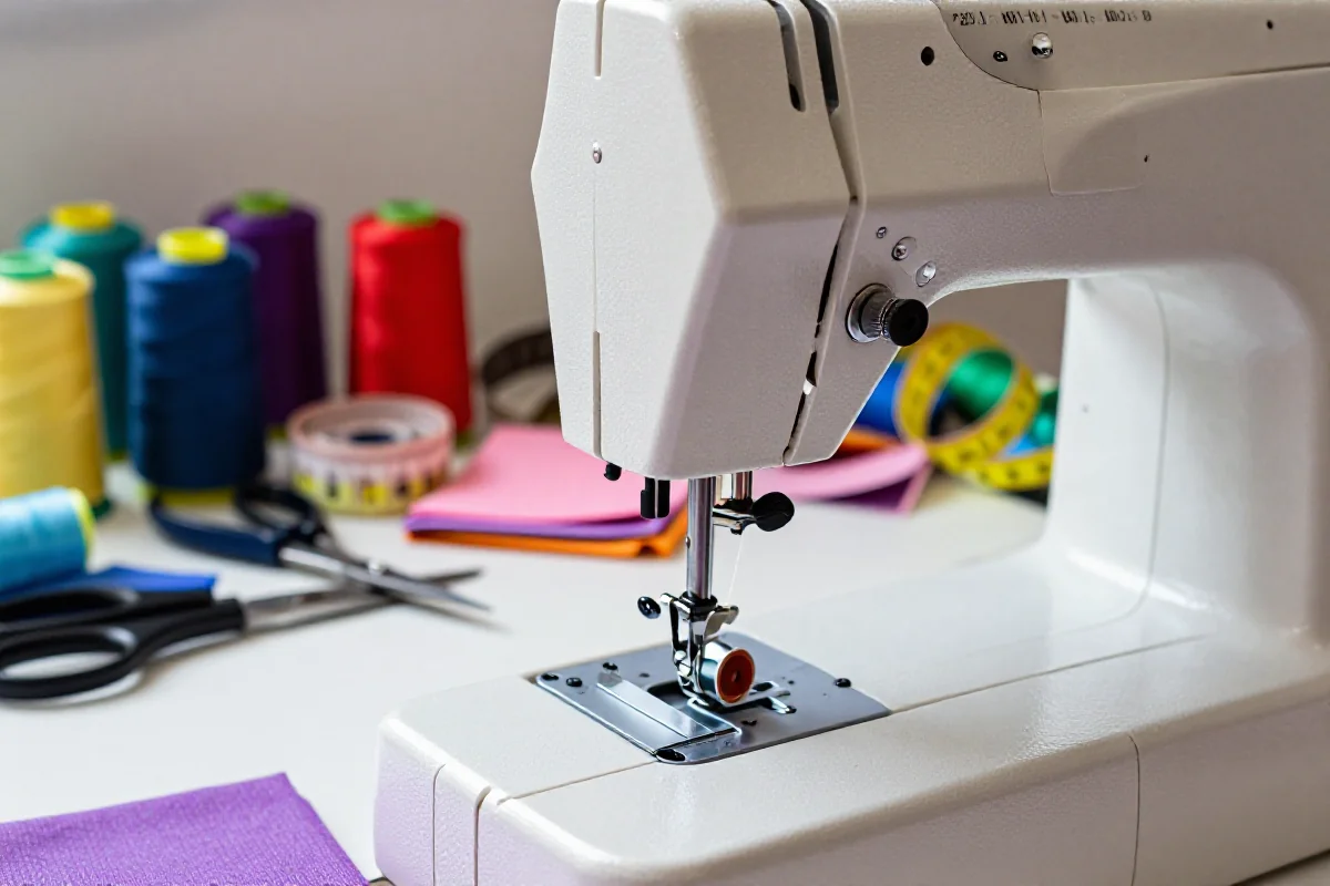 Zbliżenie maszyny do szycia z nicią i akcesoriami w warsztacie