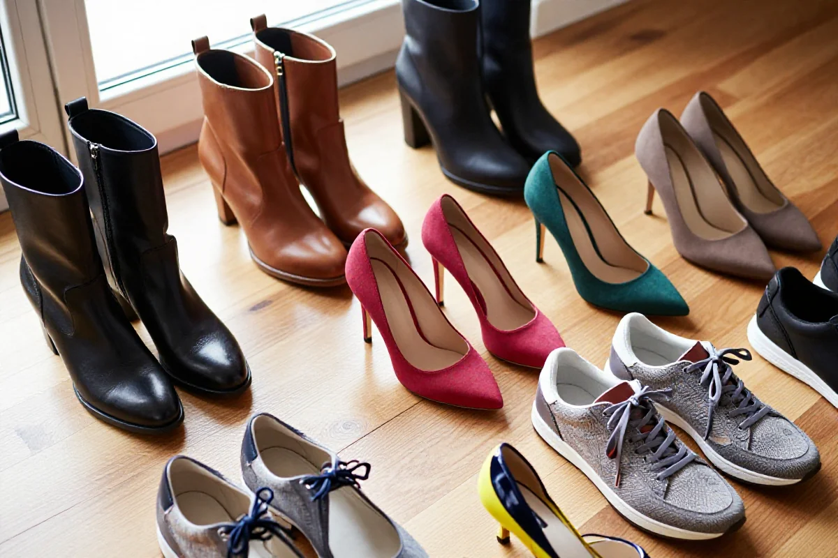 Różnorodne obuwie damskie na drewnianej powierzchni, w tym eleganckie buty i sneakersy.