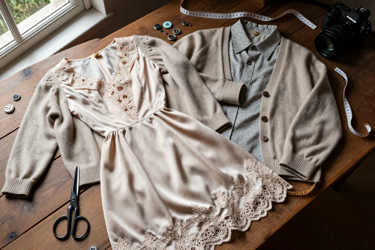Kolekcja vintage ubrań z detalami tkanin na drewnianym stole