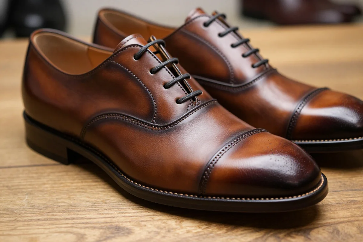 Wysokiej jakości skórzane buty z detalami na drewnianej powierzchni.