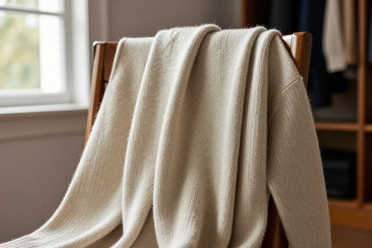 Wysokiej jakości sweter wełniany na krześle, z detalami tkaniny.