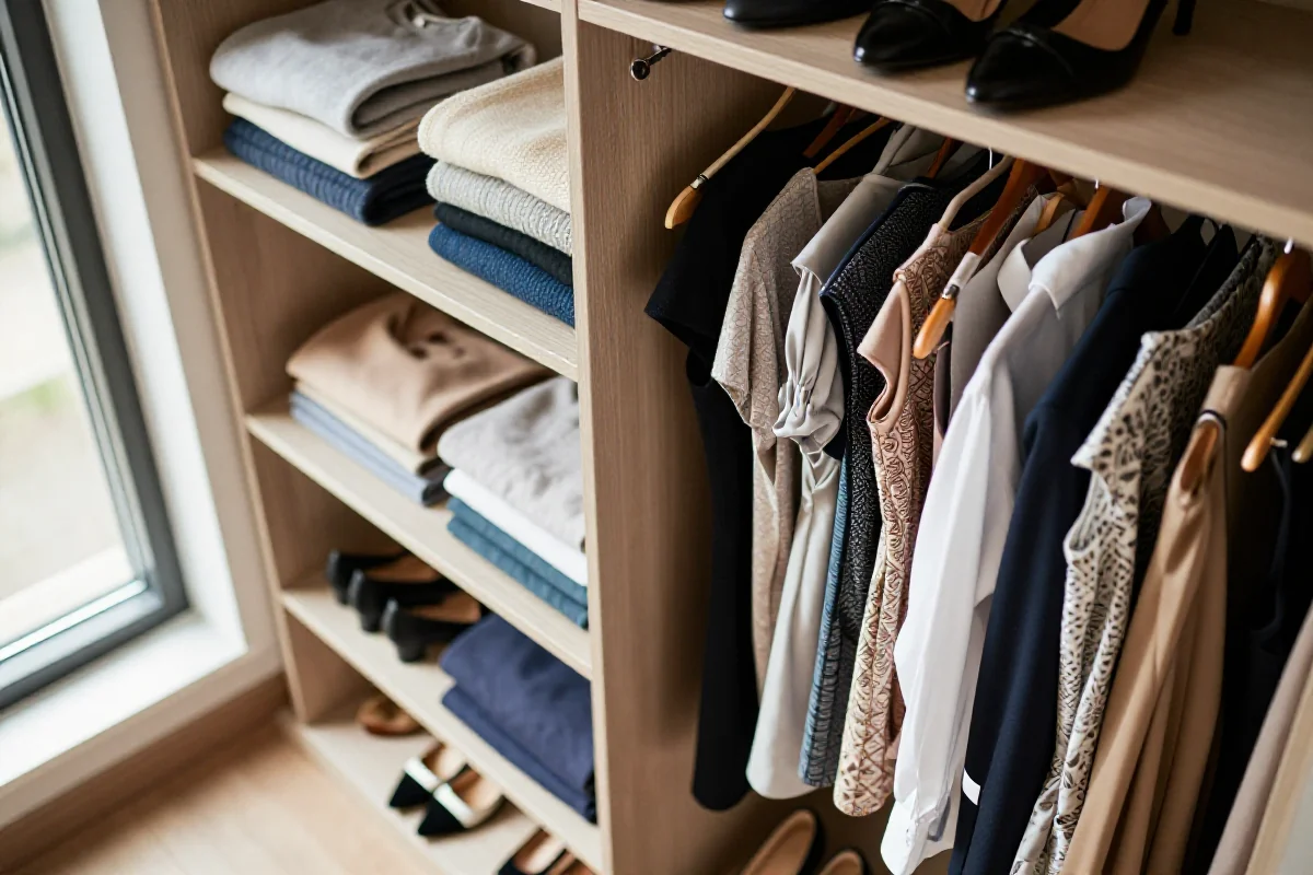Zorganizowana garderoba z ubraniami i akcesoriami, pokazująca dbałość o odzież.
