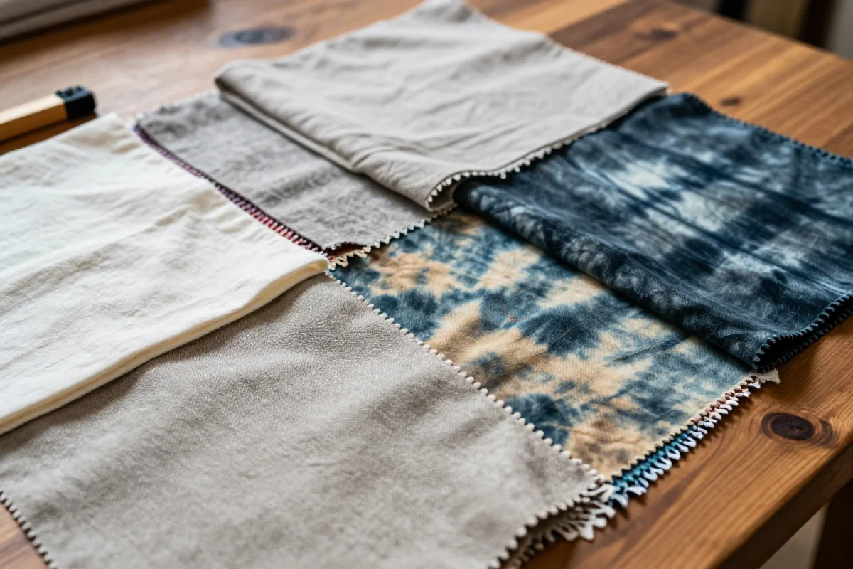 Różnorodne próbki tkanin ilustrujące odbarwianie i wybielanie ubrań.