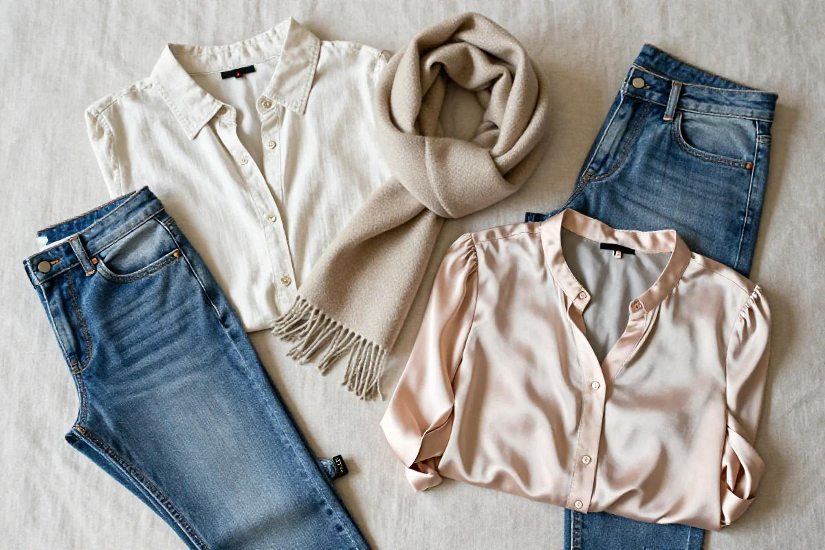 Odświeżanie ubrań bez prania - różne tkaniny i akcesoria na tle materiału.