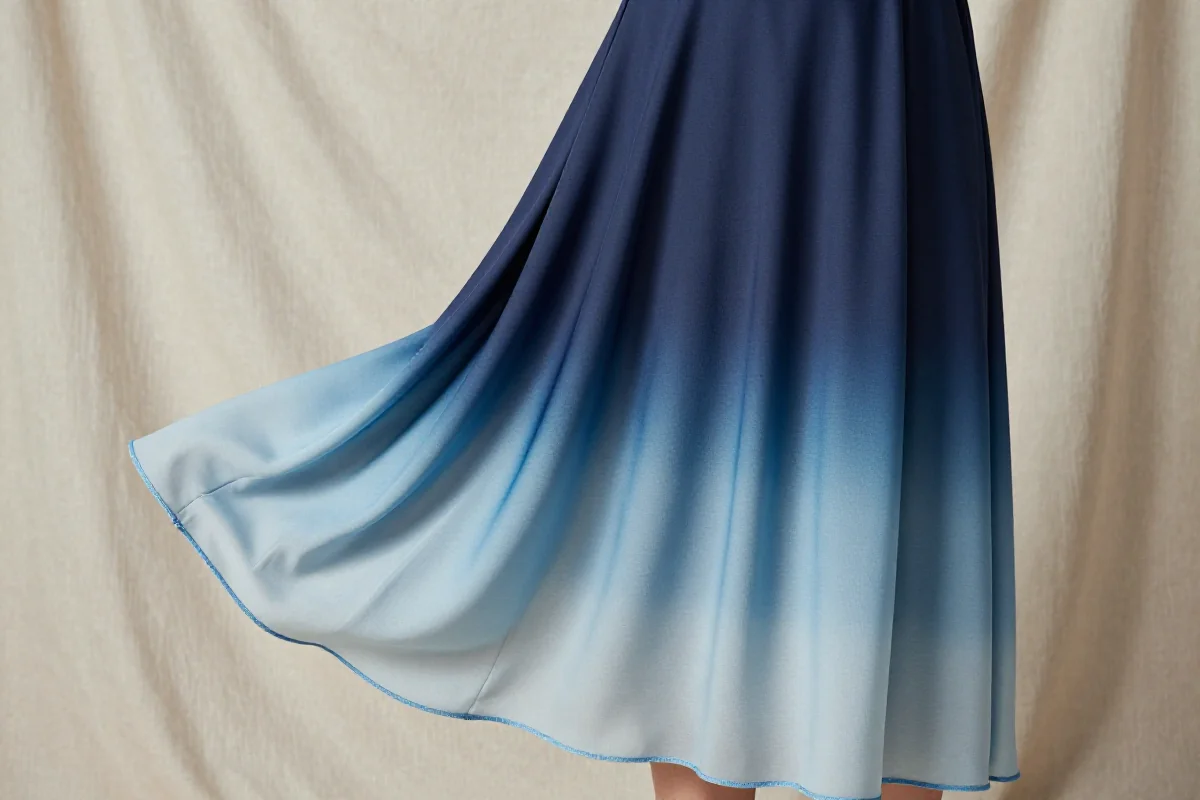 Sukienka midi w efektach ombre i dip-dye w odcieniach błękitu i granatu.