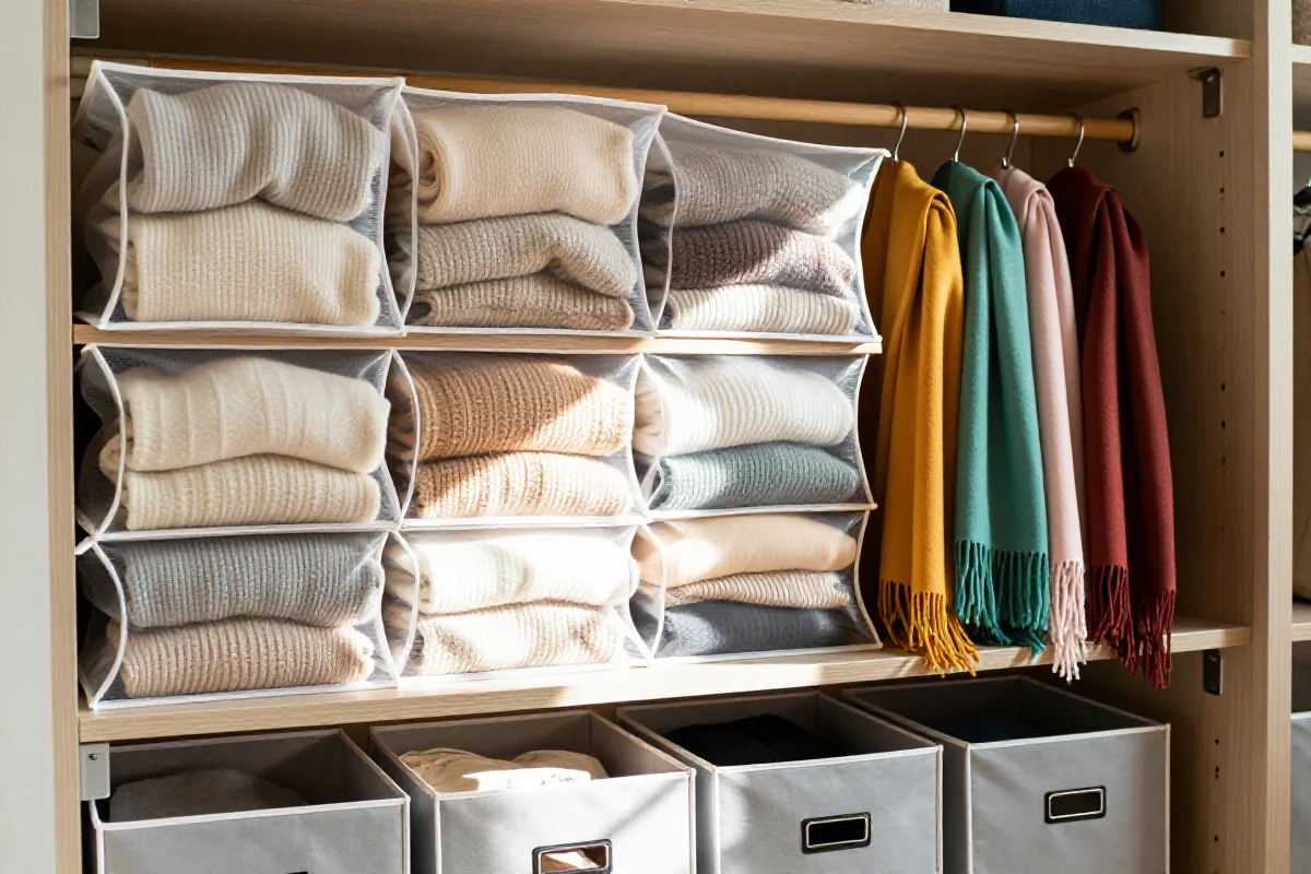 Organizacja sezonowej garderoby z uporządkowanymi ubraniami i akcesoriami