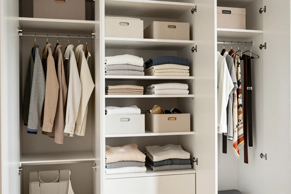 Zorganizowana mała szafa z półkami i akcesoriami, idealna do niewielkich przestrzeni.