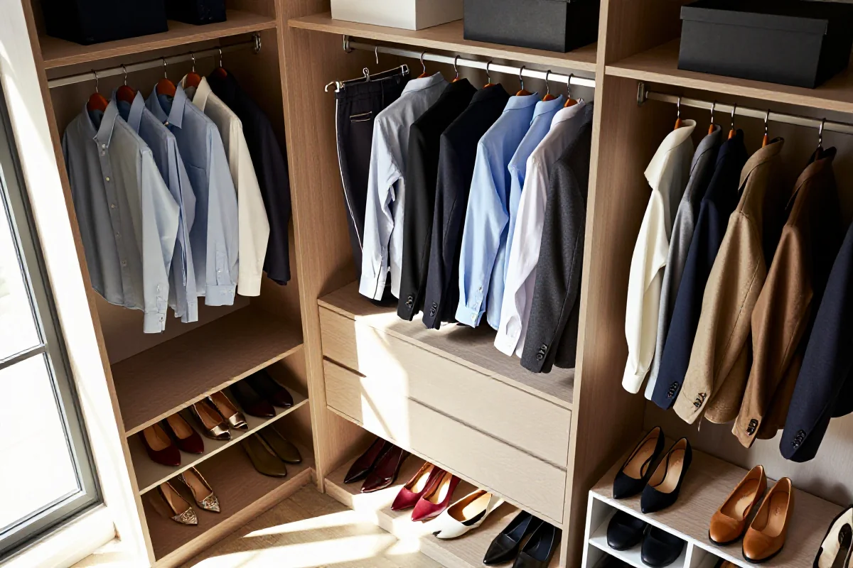 Zorganizowana wnękowa szafa z ubraniami i akcesoriami, podkreślająca porządek.