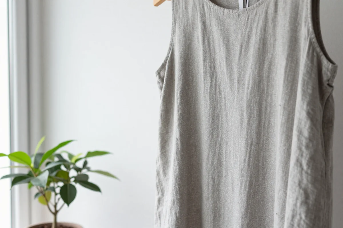 Minimalist stylizacja z szarym lnianym sukienką i zieloną rośliną.