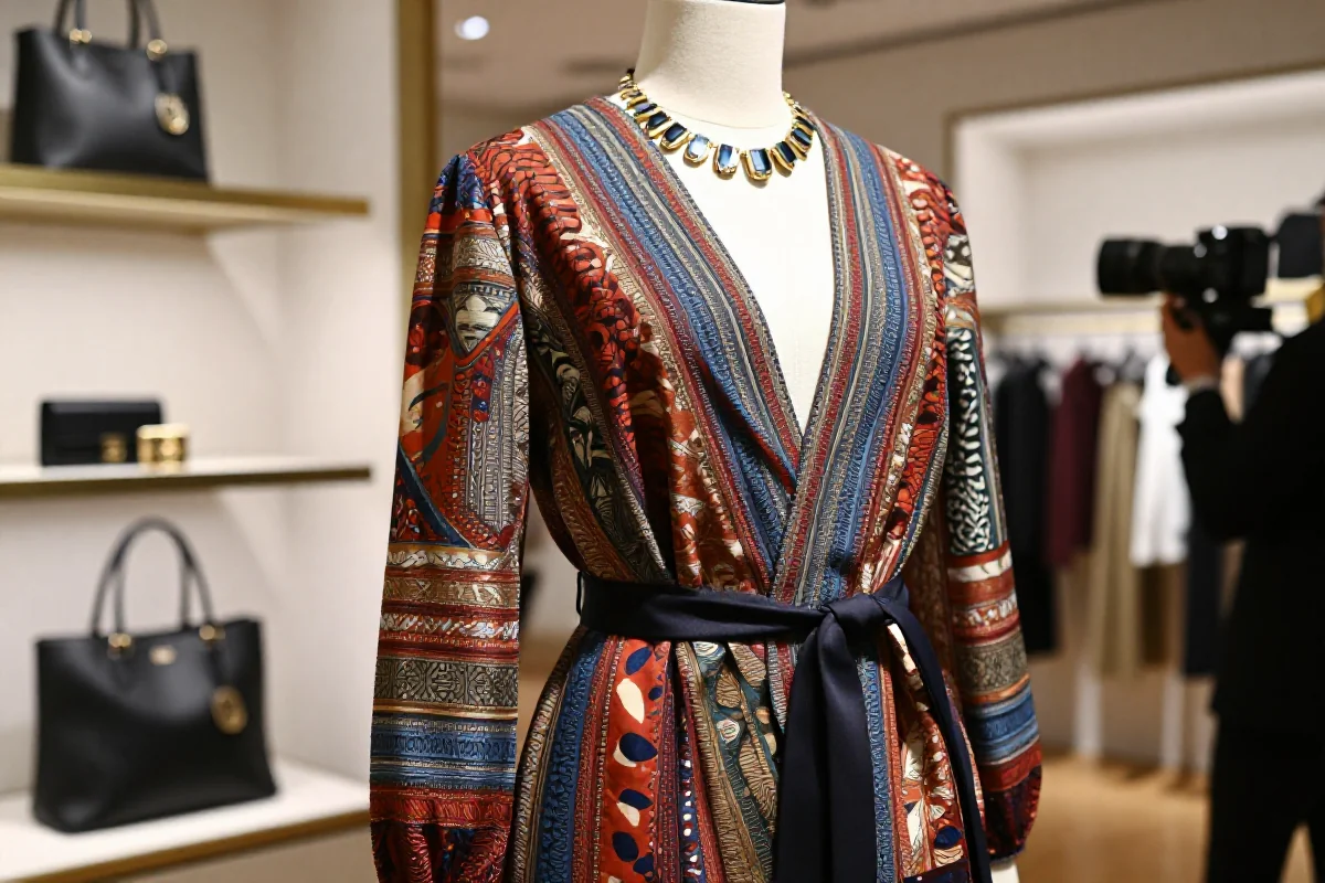 Sukienka haute couture w paryskim butiku, eleganckie detale i tekstury.