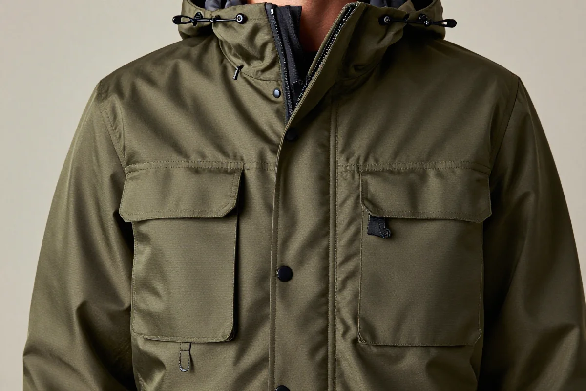 Stylowa kurtka parka z kapturem i kieszeniami, idealna na wiosnę.