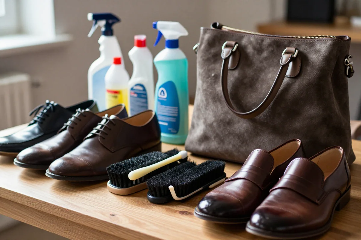 Zestaw do pielęgnacji obuwia i akcesoriów na drewnianym stole.