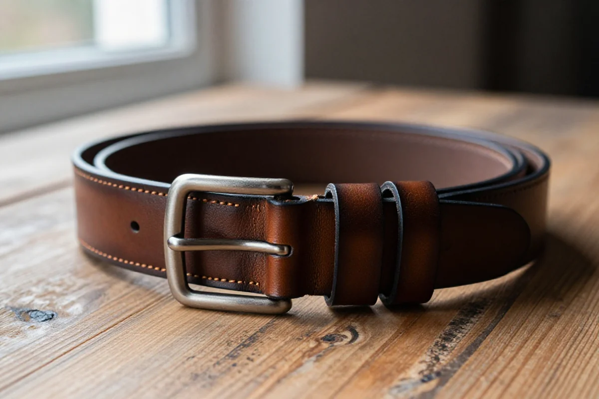Skórzany pasek na drewnianym stole, ukazujący szczegóły pielęgnacji skórzanej.