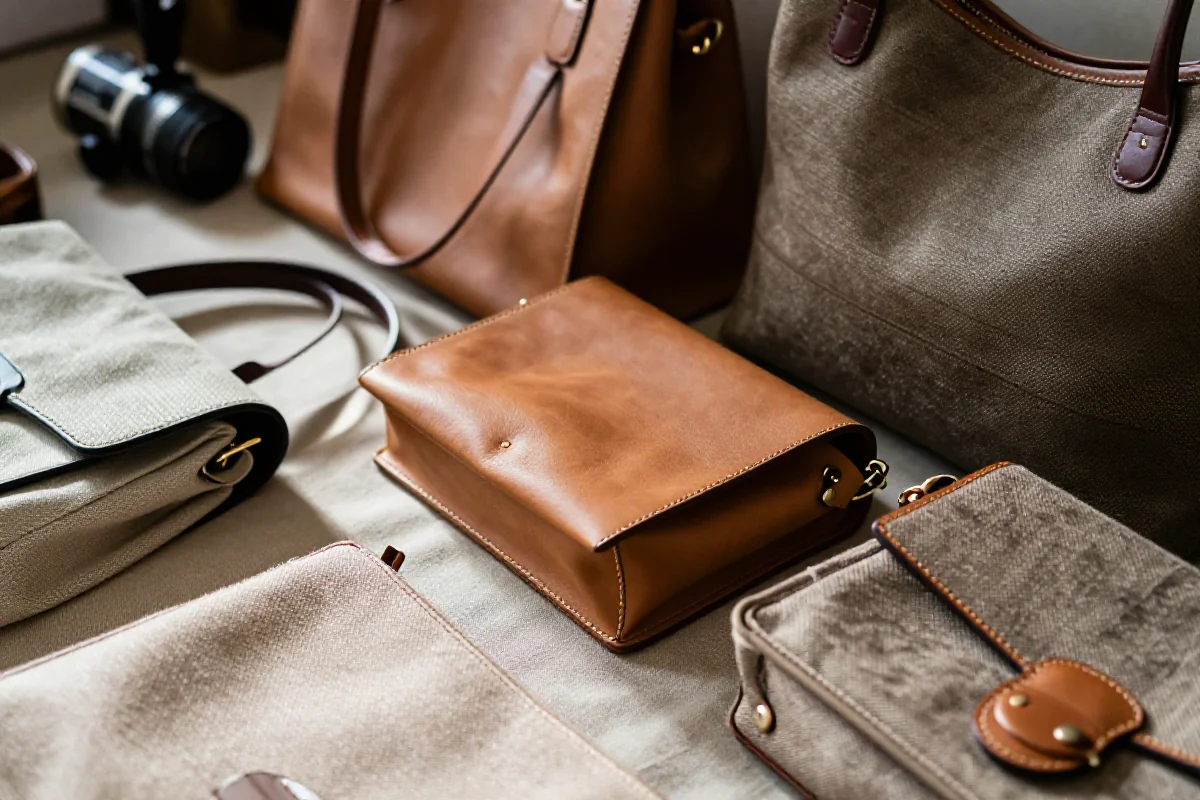 Różne torebki wykonane z różnych materiałów na tle tkaniny.