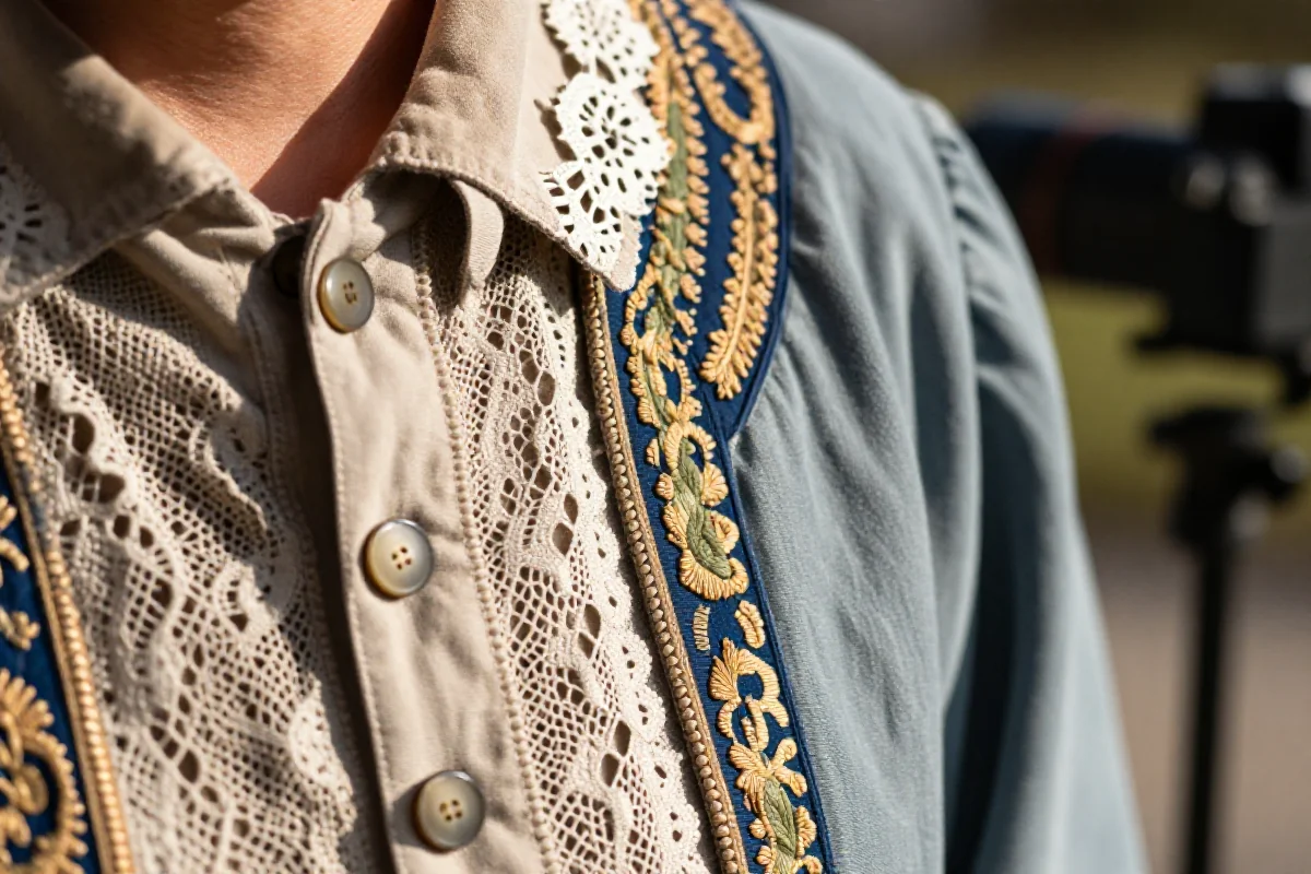 Szczegółowe zdjęcie vintage odzieży ukazujące tekstury i wzory tkanin.