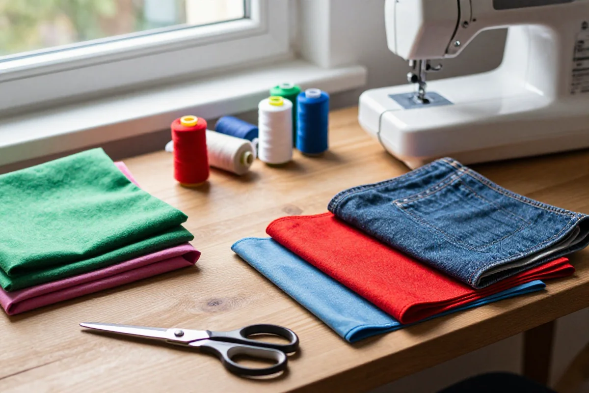 Pracownia szycia z kolorowymi tkaninami i narzędziami do DIY