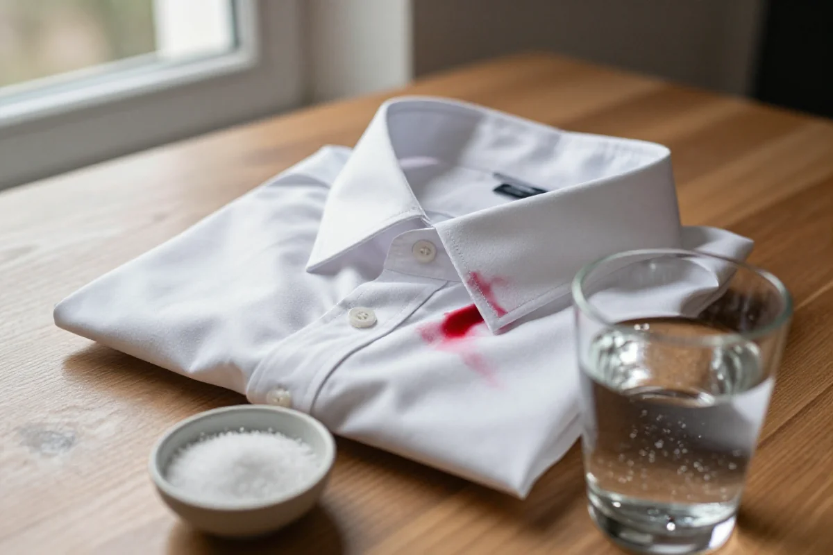Koszulka z plamą z czerwonego wina na kołnierzyku z solą i wodą gazowaną