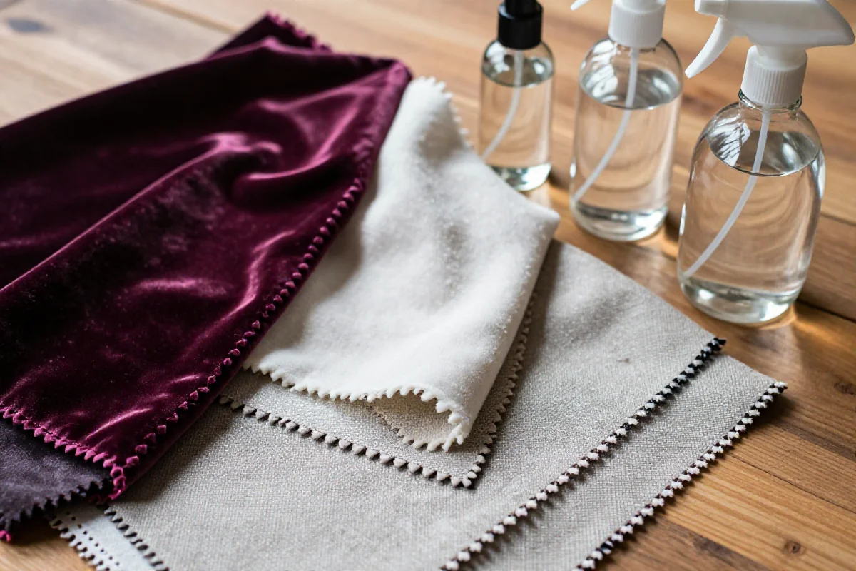 Różne tkaniny i środki czyszczące na drewnianym tle, idealne do pielęgnacji garderoby.