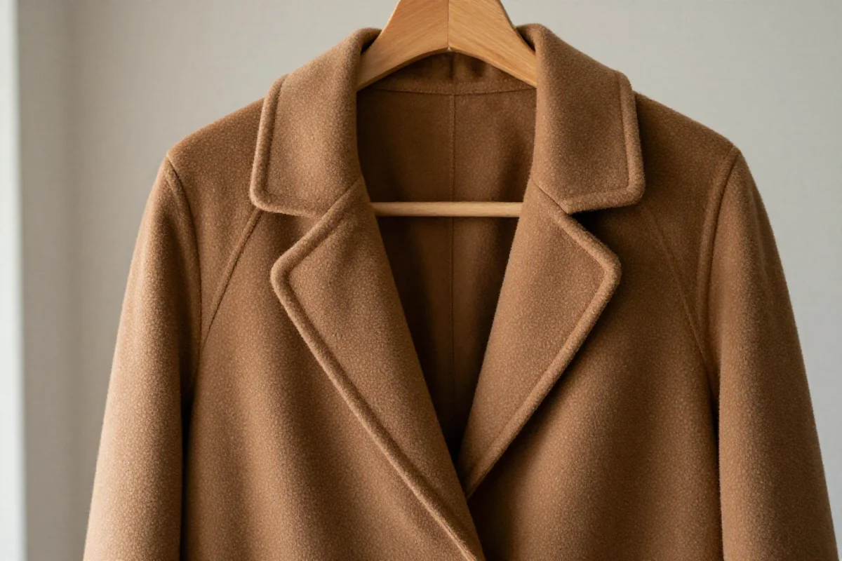 Elegancki płaszcz damski eksponowany na wieszaku, wysokiej jakości materiał.