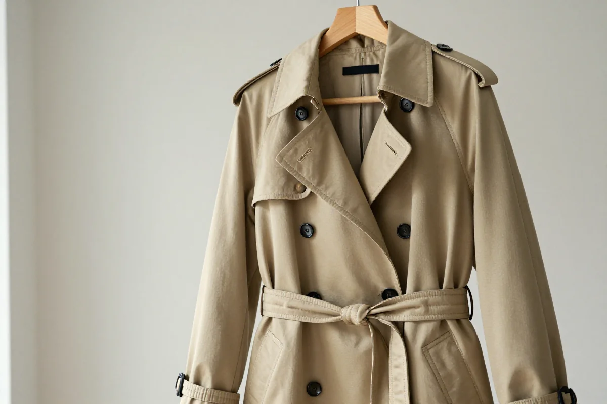 Trencz damski na wieszaku, ukazujący wysoką jakość materiału i detali.