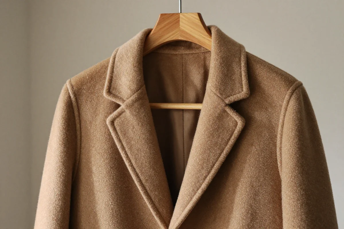 Zbliżenie na elegancki płaszcz wełniany na wieszaku, podkreślający jakość materiału.