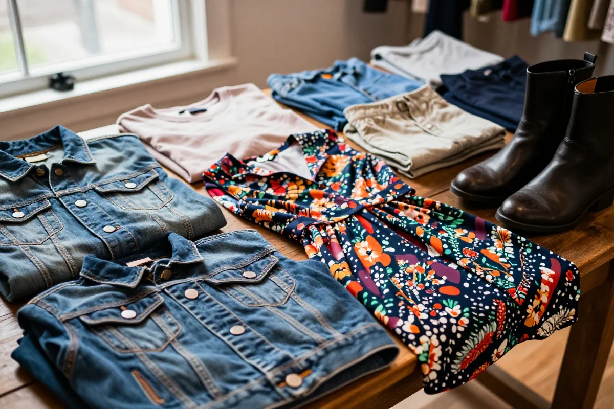 Zbiór używanej odzieży na drewnianym stole, podkreślający modę second-hand.