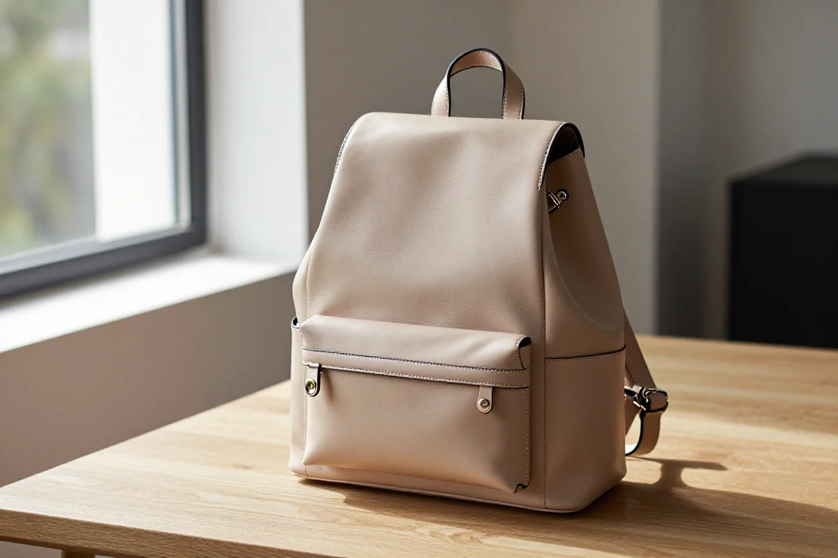 Stylowy plecak damski na drewnianym stole, elegancki design i wysokiej jakości skóra.