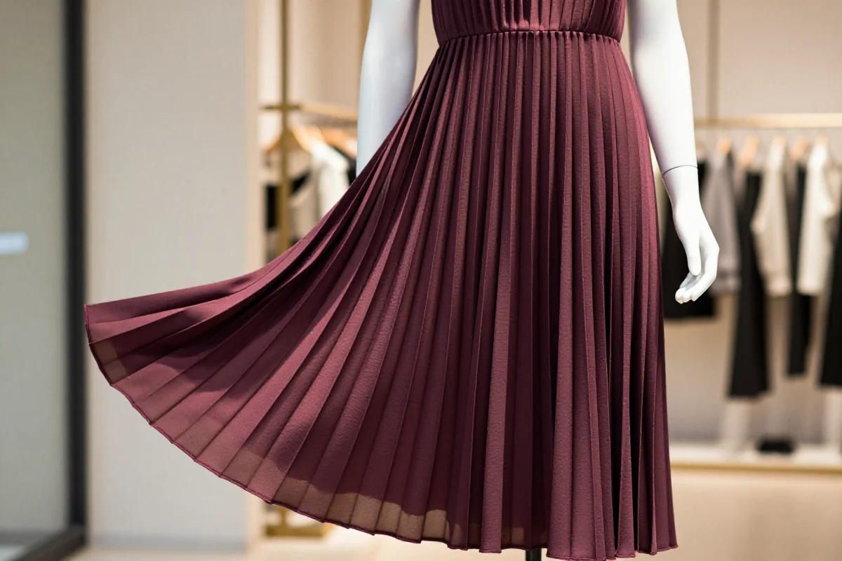 Plisowana sukienka midi w eleganckim butiku, ukazująca teksturę i fałdy.