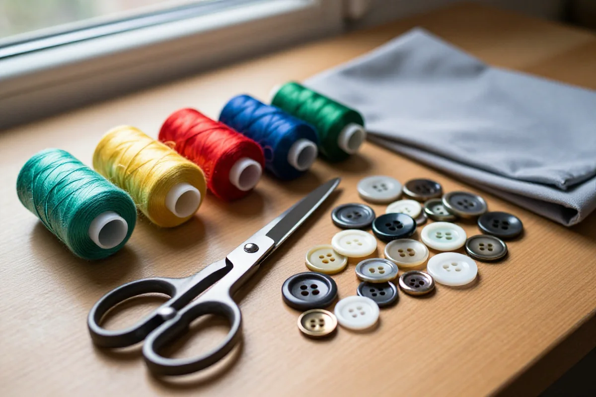 Zestaw narzędzi do naprawy ubrań na drewnianym stole, kolorowe nici i guziki.
