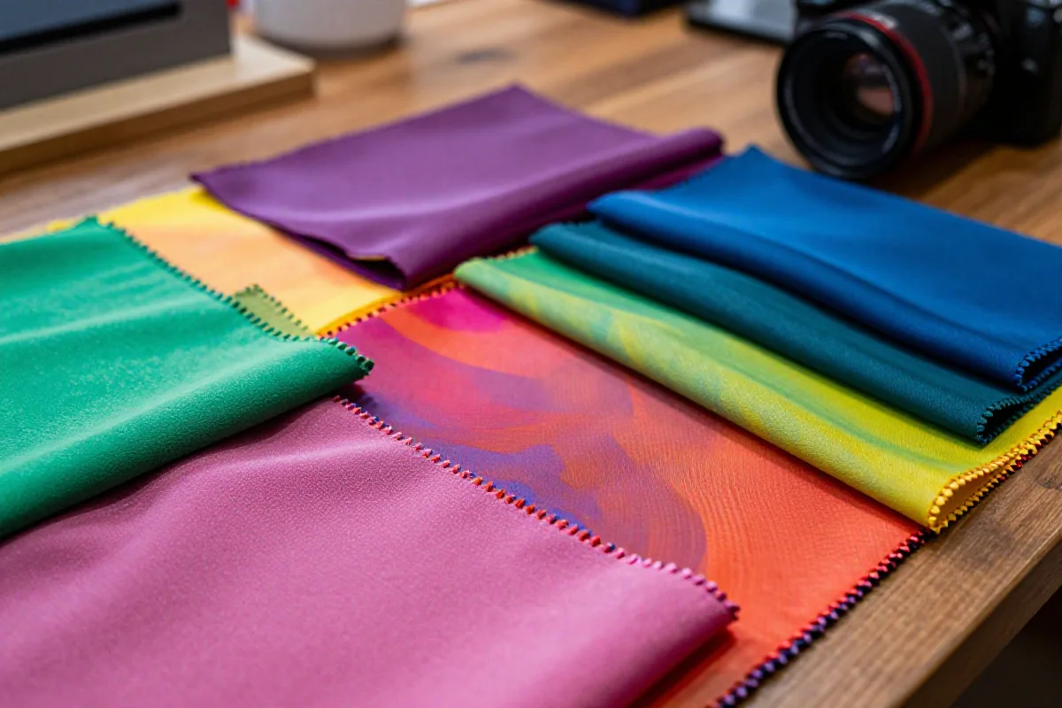 Wielokolorowe próbki tkanin do farbowania jednolitego na drewnianym stole.