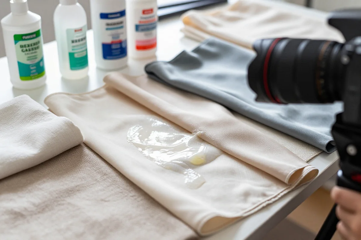 Różne tkaniny w procesie odbarwiania w przestrzeni DIY.