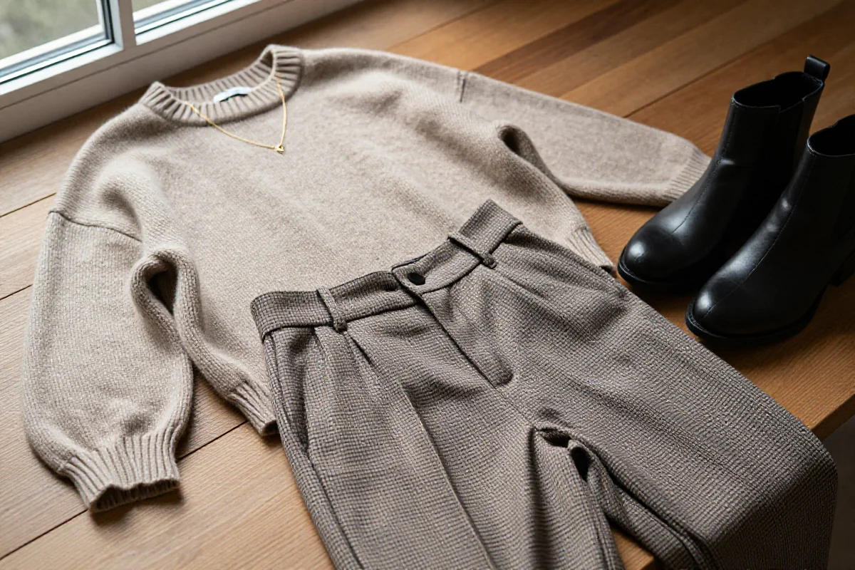 Stylowe ubrania i dodatki na drewnianej powierzchni, inspiracje modowe.