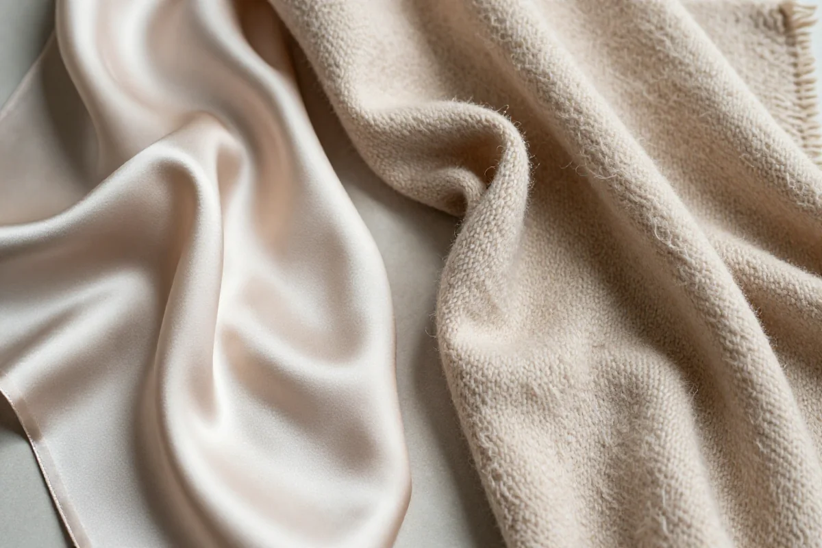 Delikatne tkaniny jedwab, wełna i kaszmir na neutralnym tle