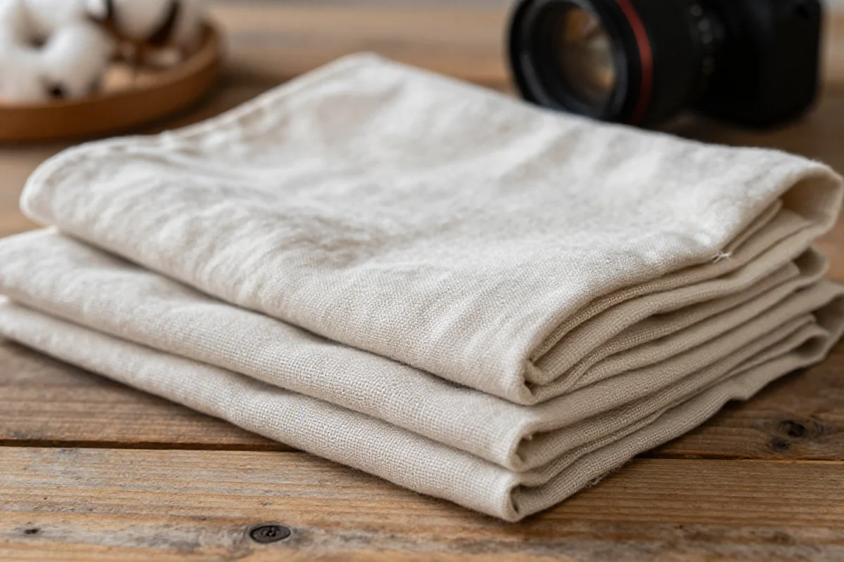 Zdjęcie naturalnych tkanin bawełnianych i lnianych na drewnianym stole.
