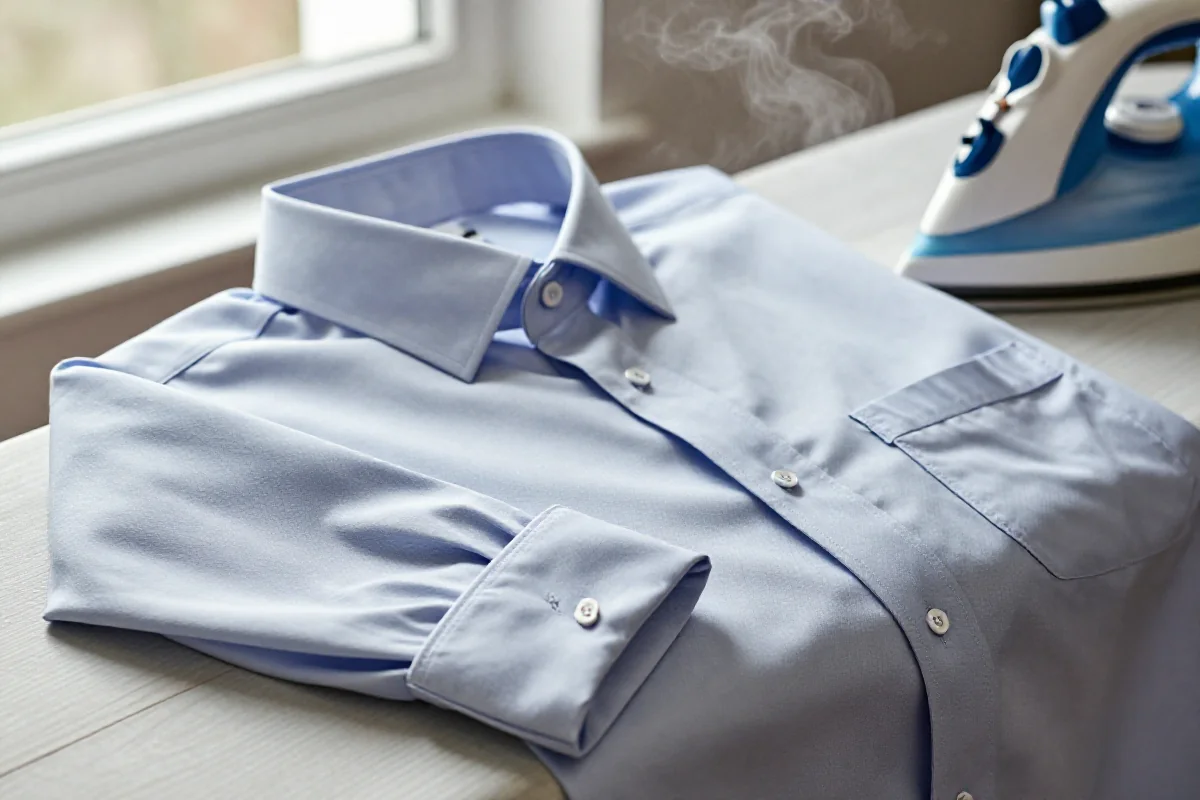 Wyprasowana koszula na desce do prasowania, z widocznymi detalami i teksturą materiału.
