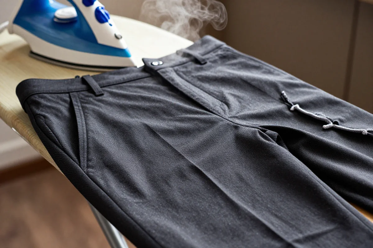 Wyprasowane spodnie z wyraźnym kantem na desce do prasowania
