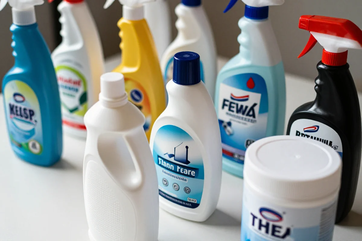 Profesjonalne produkty odplamiające na białej powierzchni, różnorodne tekstury i kolory.