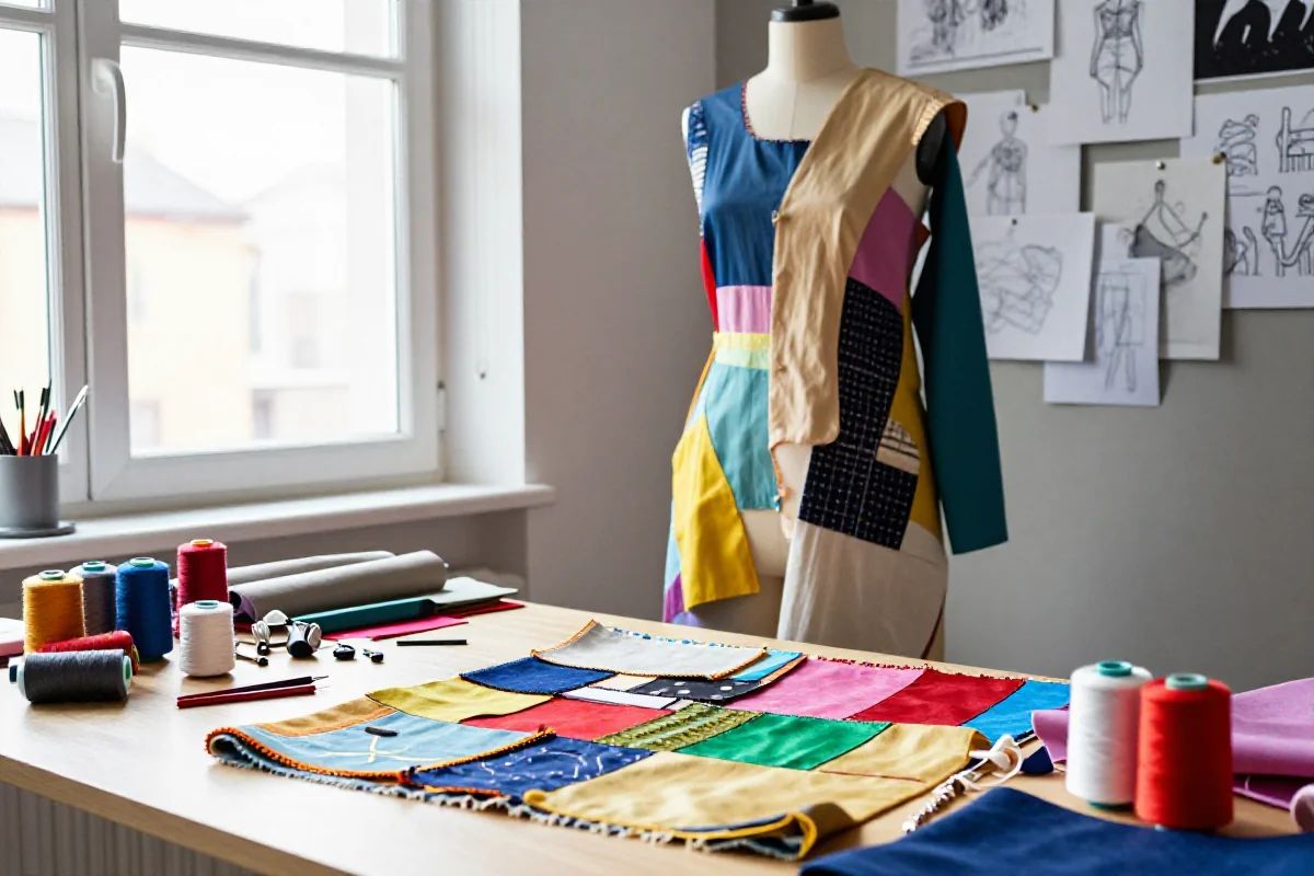 Unikalne elementy mody upcyclingowej na stole w kreatywnej pracowni.