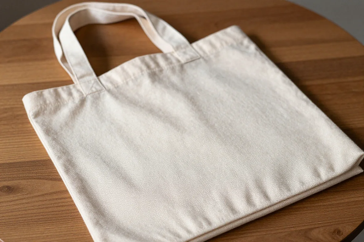 Prosta torba shopperka na drewnianym stole, ekologiczne materiały i minimalistyczny styl.